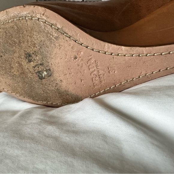 Prada Women's Tan Peep-Toe Wedges - Picture 6 of 8